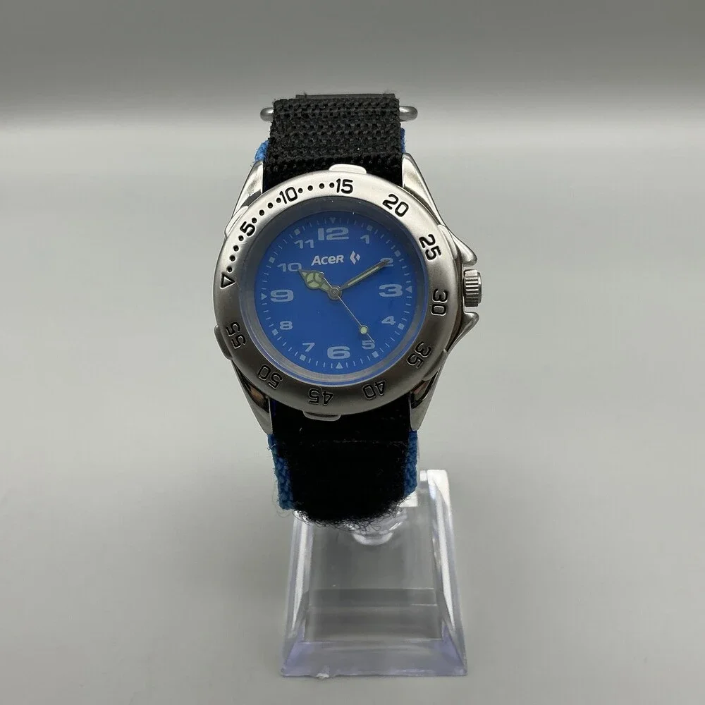 Acer Boys Watch 38mm Blue Dial Silver Tone Black Nylon Strap New Battery